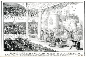 Eine Schwarz-Weiß-Zeichnung einer vollen TheaterSzene, mit Menschen, die stehen, sitzen und auf dem Boden liegen, und einer Person auf der rechten Seite, die ein Schild hält, auf dem 'Die letzte Szene des Triumphs der Reform oder der Fall der Boro Mongers' steht.