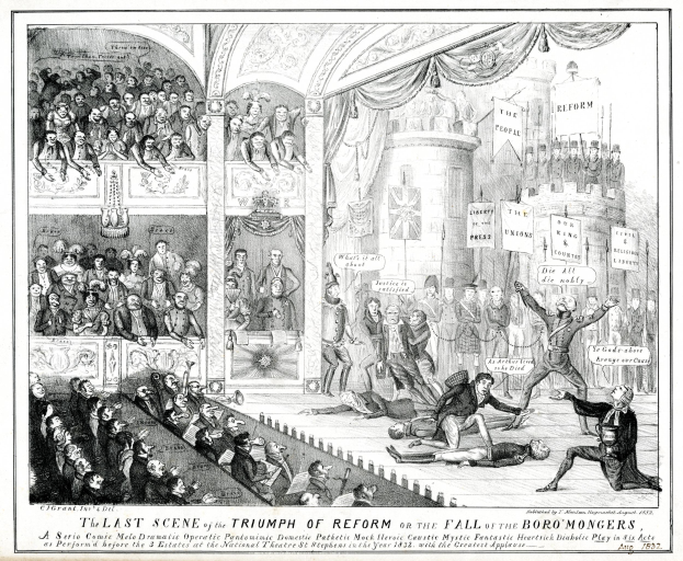 Eine Schwarz-Weiß-Zeichnung einer vollen TheaterSzene, mit Menschen, die stehen, sitzen und auf dem Boden liegen, und einer Person auf der rechten Seite, die ein Schild hält, auf dem 'Die letzte Szene des Triumphs der Reform oder der Fall der Boro Mongers' steht.