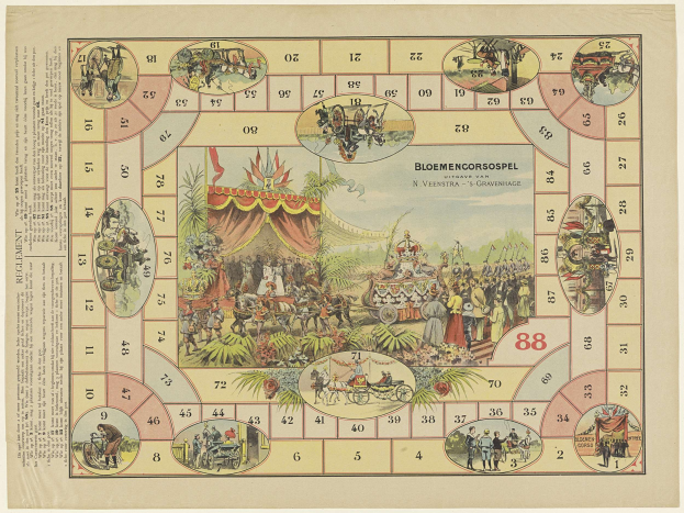 Brettspiel mit zirkusartigem Design, das nummerierte Felder, Illustrationen von Menschen, Tieren, Pflanzen und Gegenständen sowie begleitenden Text enthält.