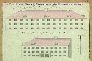 Eine Zeichnung eines 17. Jahrhundert deutschen Schulgebäudes, das Schlossfrauenhaus, mit einem roten Dach und begleitendem Text.