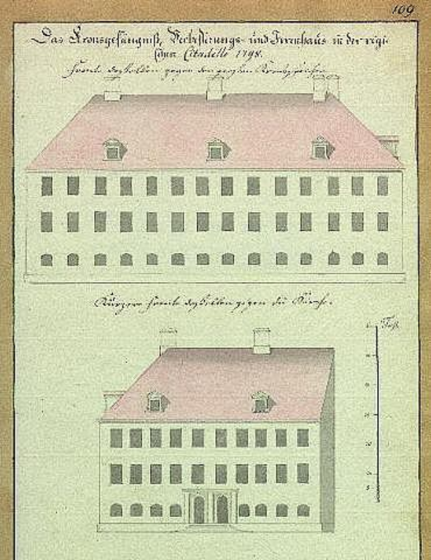 Eine Zeichnung eines 17. Jahrhundert deutschen Schulgebäudes, das Schlossfrauenhaus, mit einem roten Dach und begleitendem Text.