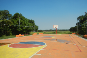 Ein Basketballfeld mit einem zentralen Korb, umgeben von Pfosten, Lichtern, Dekorationsfahnen, Gras, Pflanzen und Bäumen, unter einem klaren blauen Himmel.