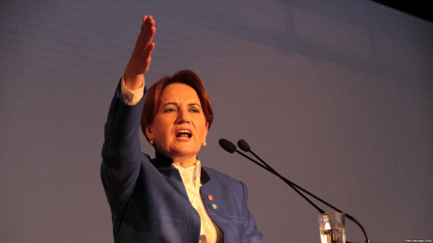 Frau vor einem Bildschirm an einem Rednerpult stehend und eine Rede haltend mit einem Glas Wasser und zwei Mikrofonen vor sich.