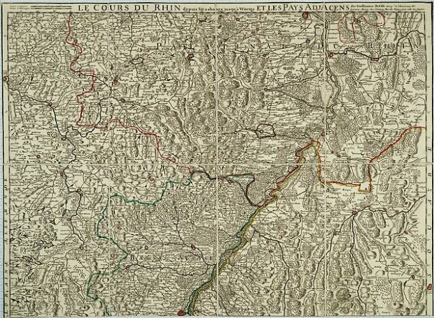 Alte gedruckte Karte der Rheinland-Pfalz-Region in Frankreich, die den Rheinfluss zeigt, mit Text oben und unten auf altem Papier.
