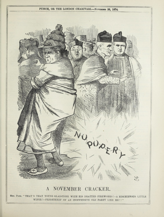 Ein November-Kracher - Punch, oder die Londoner Charivari - November 28, 1874, mit einer feiernden Gruppe von Menschen in einer Zeichnung mit fetter Schrift und einem dekorativen Rand.