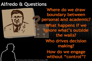 Ein Plakat mit einem Bild von Alfredo und einem Text, der Fragen zur Grenze zwischen persönlichem und akademischem Leben stellt.
