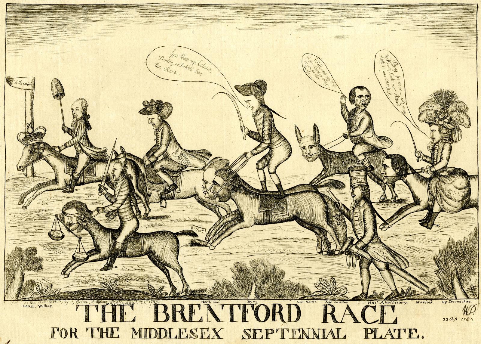 Plakat, das ein Pferderennen mit Reitern in historischer Kleidung zeigt, Pflanzen im Hintergrund und Text unten.