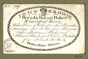 Eine alte Visitenkarte mit einem Bild von John Brodie Bread & Biscuit Baker und Textbeschreibung der Backwaren.
