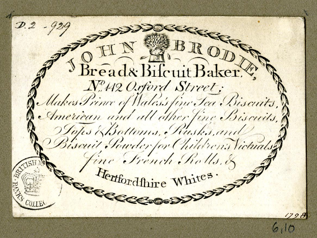 Eine alte Visitenkarte mit einem Bild von John Brodie Bread & Biscuit Baker und Textbeschreibung der Backwaren.