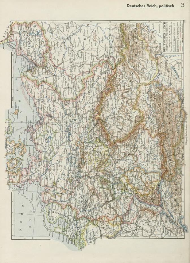Alte 19. Jahrhundert-Karte von Deutschland, die politische Teilung zeigend, auf altem Papier mit Text oben und unten bedruckt.