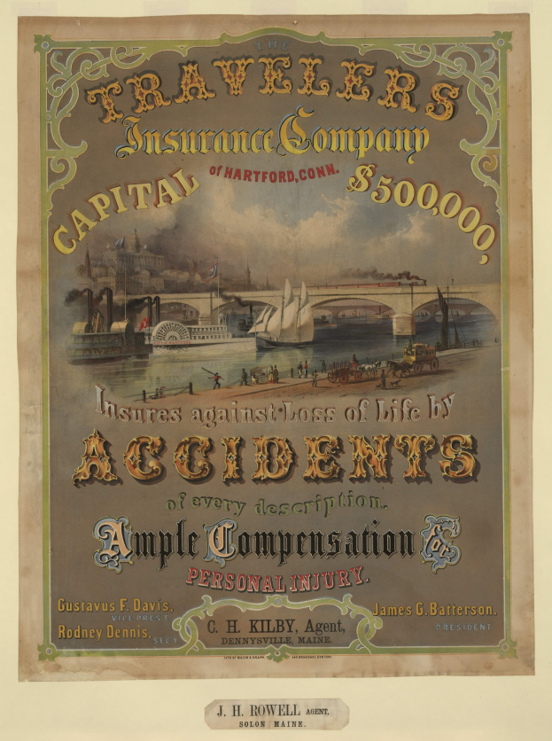 Werbeposter für die Hartford Travelers Insurance Company, Connecticut, mit Booten, Brücke, Gebäuden und Text, der Reiseversicherungsdienstleistungen anbietet.