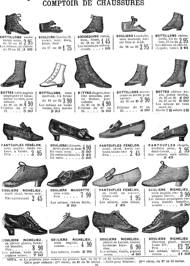 Eine Buchseite mit verschiedenen Damenschuhen mit einzigartigen Designs, ordentlich mit sichtbaren Preisschildern und Details zu Größe, Form und Farbe.