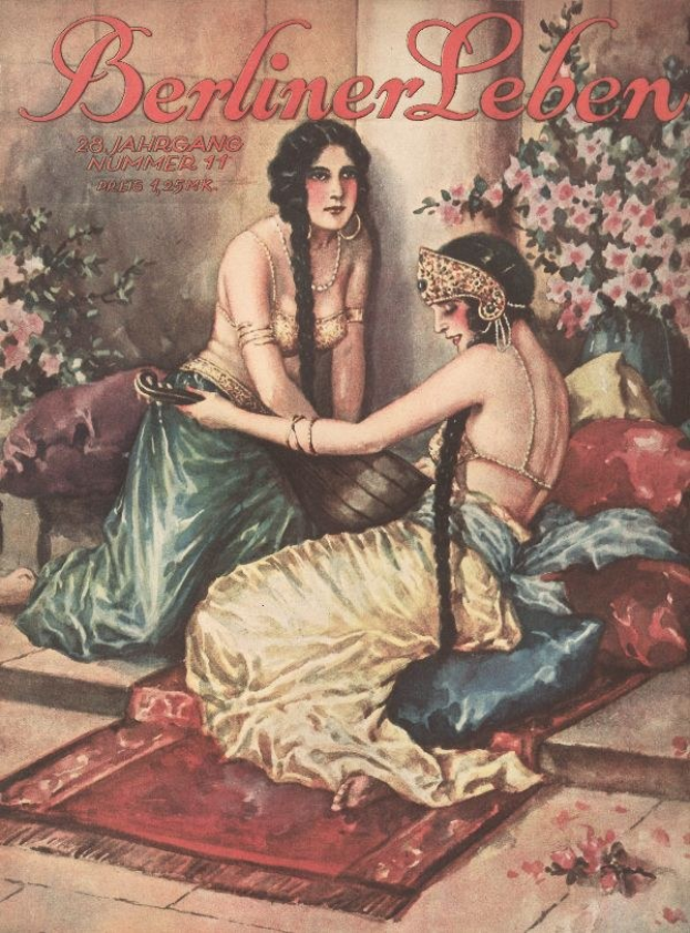 Plakat mit zwei sitzenden Frauen auf einem Bett mit Kissen und Topfpflanzen, begleitet von der Aufschrift "Berliner Leben Magazin-Cover aus Oktober 1931" oben.