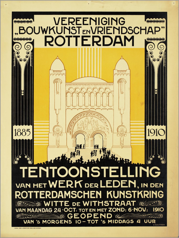 Plakatankündigung für ein Konzert in Rotterdam, Niederlande, mit einem Gebäude und Text.