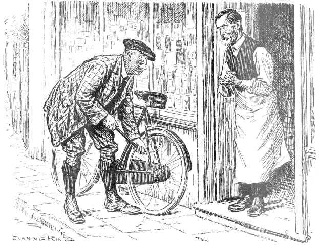 Ein älterer Mann mit Hut steht neben einem Fahrrad vor einem Laden mit einer Tür, verschiedenen Gegenständen im Hintergrund und Text unten.