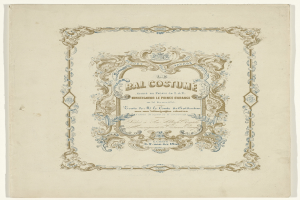 Ein altes Buch mit einem blauen und weißen, detaillierten Design auf dem Cover, das den Text "Bal Costume" auf einem weißen Hintergrund zeigt.