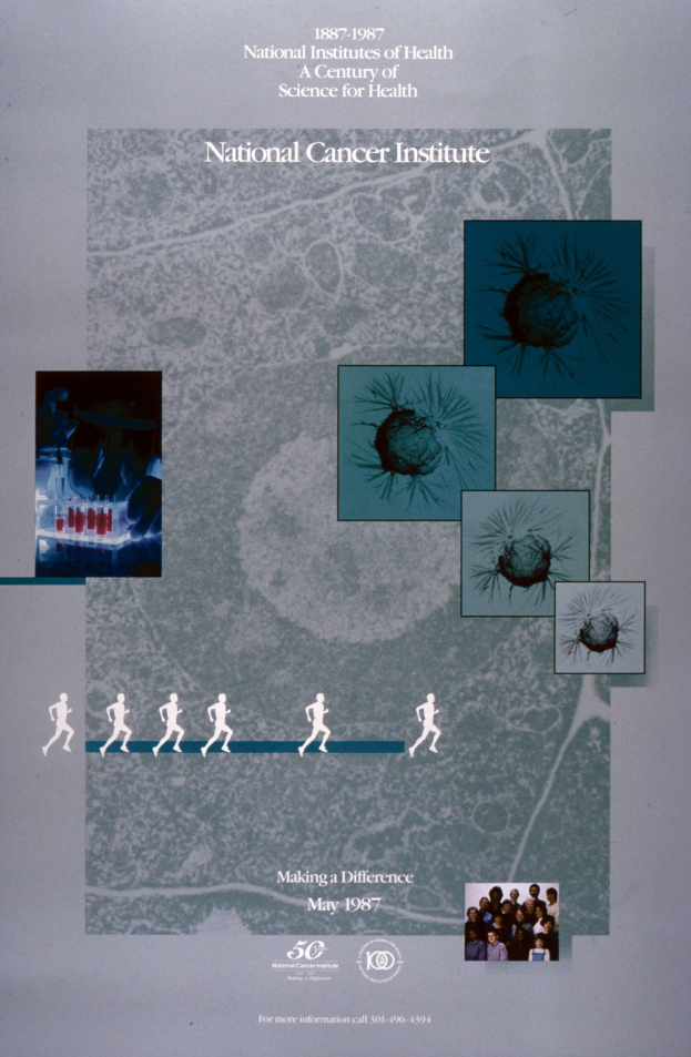 Buntfarbiger Plakat mit einem blauen Hintergrund und weißer Schrift, die "National Cancer Institute" in fetter, Großbuchstaben-Schriftart lesen, umgeben von überlappenden Bildern von lachenden Menschen verschiedenen Alters, Geschlechts und Ethnien in einem Kreis angeordnet.