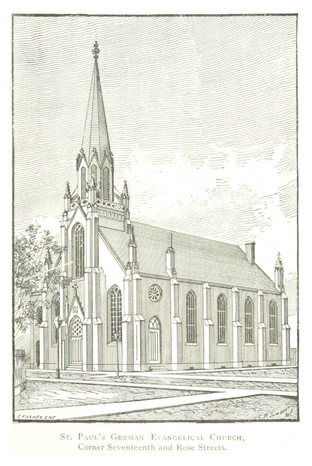 Eine Zeichnung der deutschen evangelischen Kirche St. Paul mit einem Baum im Vordergrund und einem klaren blauen Himmel im Hintergrund, mit Text unten auf dem Bild.