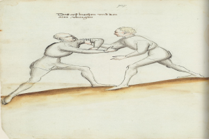 Zwei Männer kämpfen, einer wirft einen Schlag, steht auf einem Papier mit Text, der die Szene beschreibt.