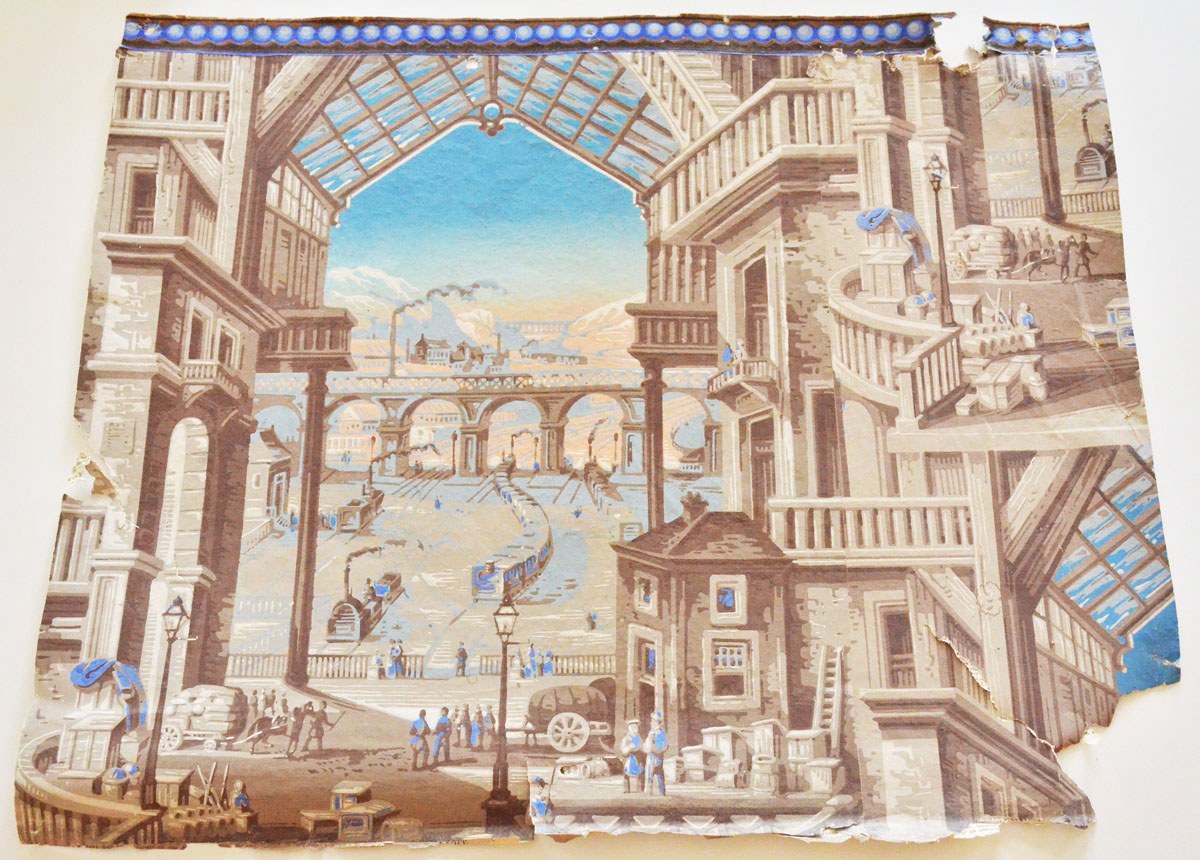 Mosaikbild eines belebten Stadtbilds mit Menschen, Gebäuden, Straßenlaternen, Straßenlaternen, Karren, einer Brücke, Hügeln und Wolken.