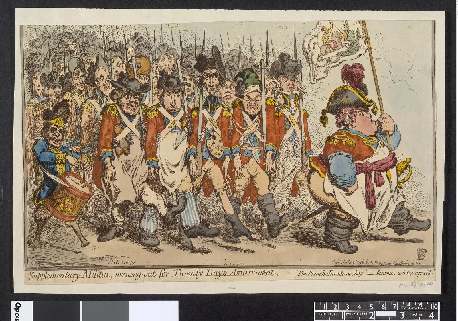 Eine Gruppe von Männern in Militäruniformen marschiert die Straße entlang, einer hält einen Stock in der Hand, mit Text unten: "Ergänzungsmilitär, Ausmarsch für Zwanzig-Tage-Vergnügen".