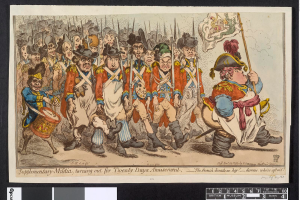 Eine Gruppe von Männern in Militäruniformen marschiert die Straße entlang, einer hält einen Stock in der Hand, mit Text unten: "Ergänzungsmilitär, Ausmarsch für Zwanzig-Tage-Vergnügen".