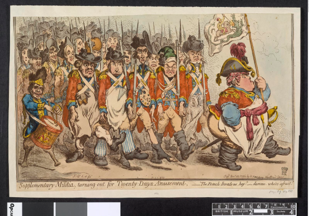 Eine Gruppe von Männern in Militäruniformen marschiert die Straße entlang, einer hält einen Stock in der Hand, mit Text unten: "Ergänzungsmilitär, Ausmarsch für Zwanzig-Tage-Vergnügen".