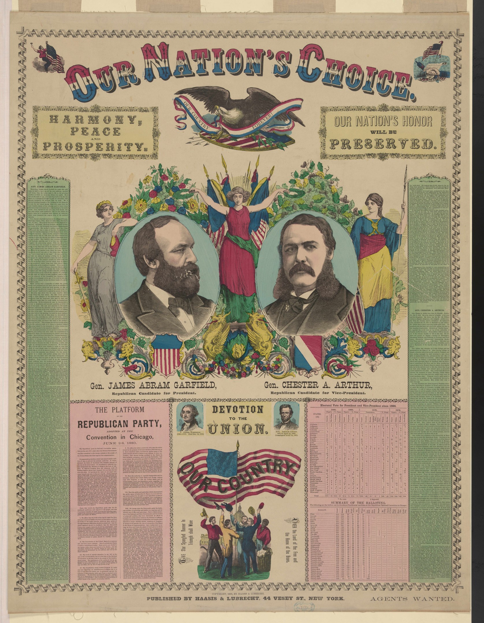 Plakat mit der Aufschrift "Unsere nationale Wahl" mit Bildern von Menschen und Text, der Harmonie, Frieden und Wohlstand betont.