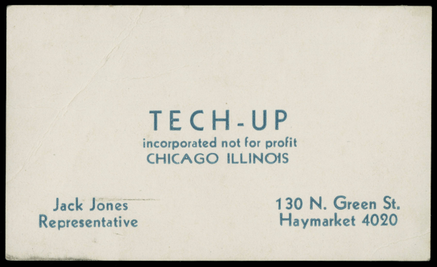 Business card with "tech-up incorporated not for profit" text on a black background.