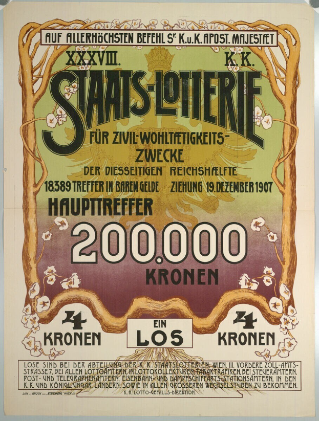 Plakat an einer Gebäudewand, das eine Lotterie mit Text und Zahlen ankündigt und große Bilder von Geld zeigt.