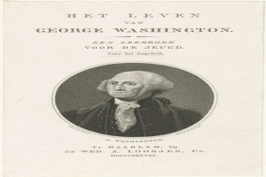 Porträt von George Washington mit ernstem Gesichtsausdruck, der einen Anzug und eine Krawatte trägt, zurückgekämmtes Haar, frontal auf einem Blatt Papier mit Text.