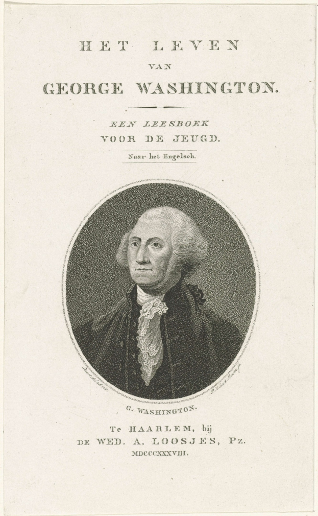 Porträt von George Washington mit ernstem Gesichtsausdruck, der einen Anzug und eine Krawatte trägt, zurückgekämmtes Haar, frontal auf einem Blatt Papier mit Text.