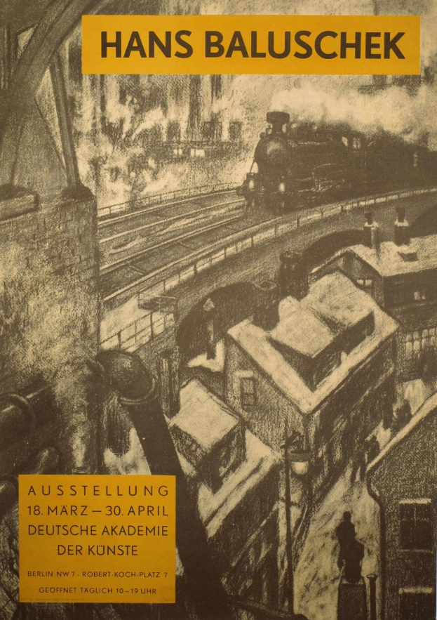 Ein Buch mit einem Cover, das einen Zug zeigt, umgeben von Gebäuden, Bahnschienen und Rauch, mit der Aufschrift "Hans Baluschek - Ausstellung 18. März - 30. April".