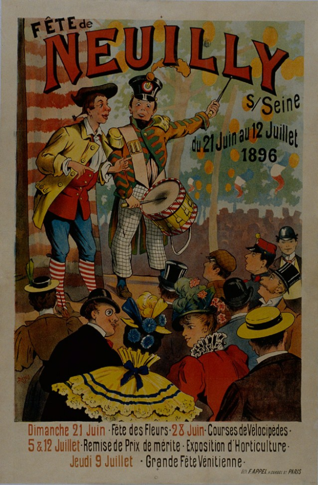 Ein Plakat, das ein Karnevalsfest in Paris, Frankreich, ankündigt, zeigt eine Gruppe von Menschen in bunten Kostümen und Hüten, wobei eine Person ein Musikinstrument hält, und wahrscheinlich den Text der Ankündigung enthält.