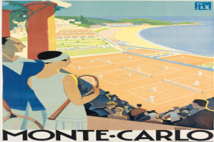 Plakat für ein Tennisturnier in Monte Carlo, Italien, das einen Mann und eine Frau mit Tennisschlägern auf einem von Gras, Bäumen, Gebäuden und einem Gewässer umgebenen Platz zeigt, mit der Aufschrift "Monte Carlo" unten.