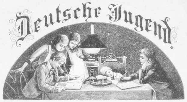 Gruppe von Kindern, die um einen Tisch mit einer Lampe, Büchern und anderen Gegenständen sitzen, mit einem schwarzen und weißen "Deutsche Jugend"-Plakat darüber.