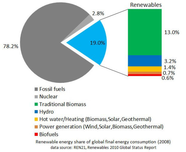 Ein Kreisdiagramm, das den globalen erneuerbaren Energieverbrauch im Jahr 2008 zeigt, mit Abschnitten für verschiedene Energiequellen wie fossile Brennstoffe, Kernenergie, Wasser, Heizung, Biomasse, Solar, Geothermie und Biokraftstoffe.