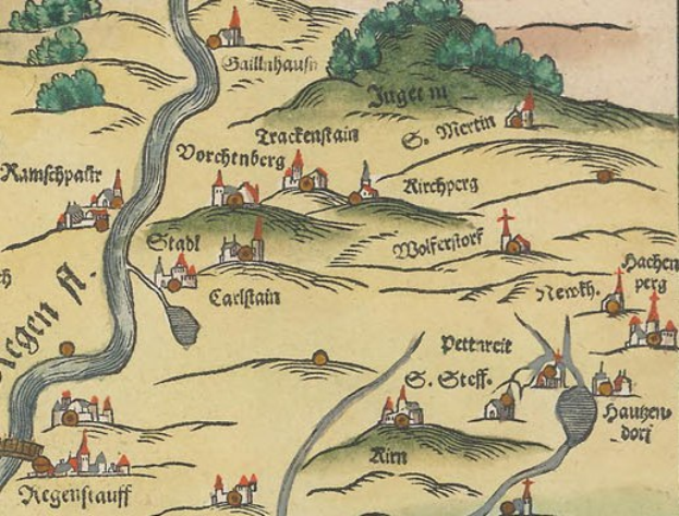 Alte Karte von Köln, Deutschland, die Bäume, kleine Häuser und dekorativen Text in einer üppigen, grünen Umgebung zeigt.