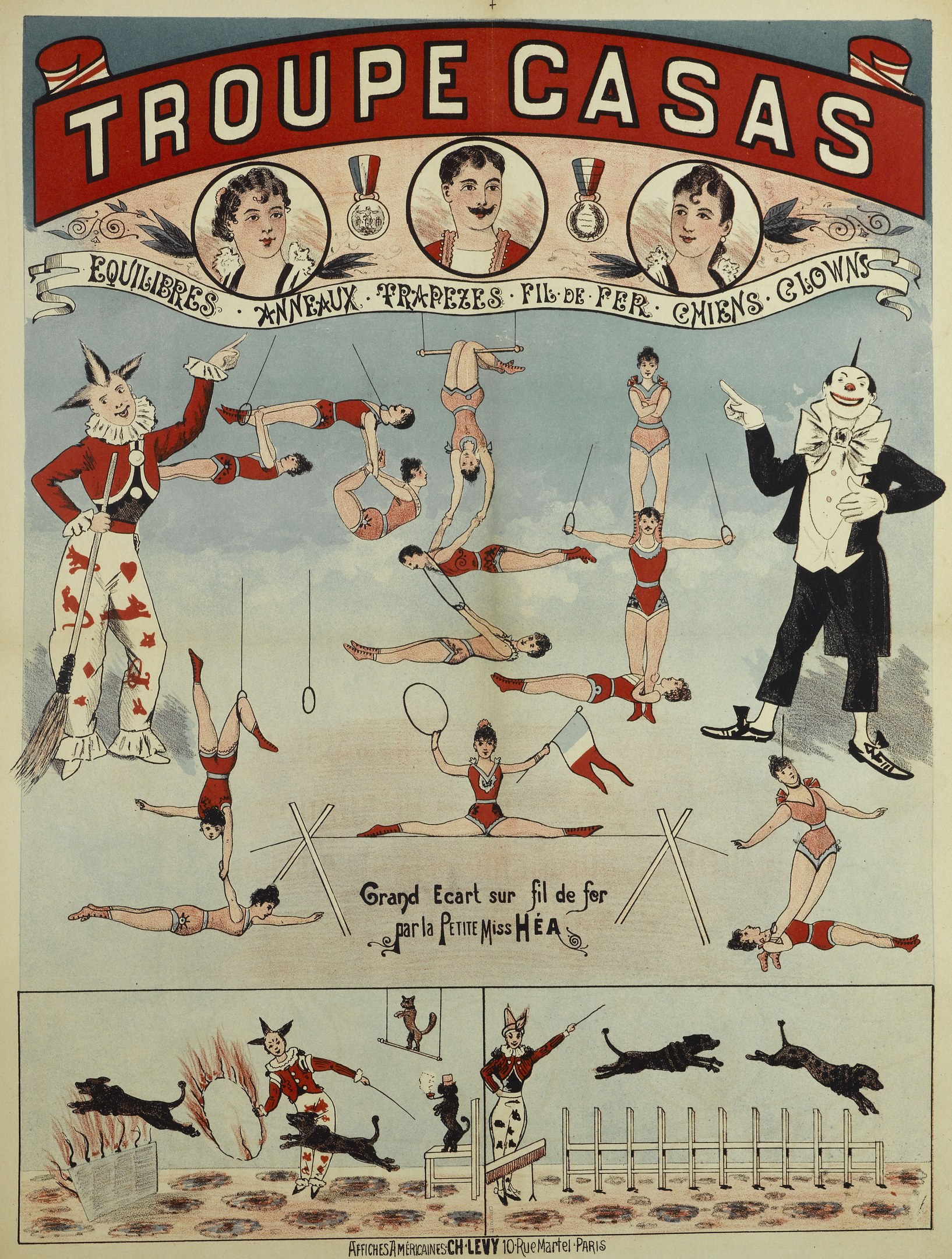 Zirkusposter mit dem Titel 'Troupe Casas' mit Darstellern in farbenfrohen Kostümen und Masken sowie Tierbildern, ausgestellt in Paris, Frankreich.